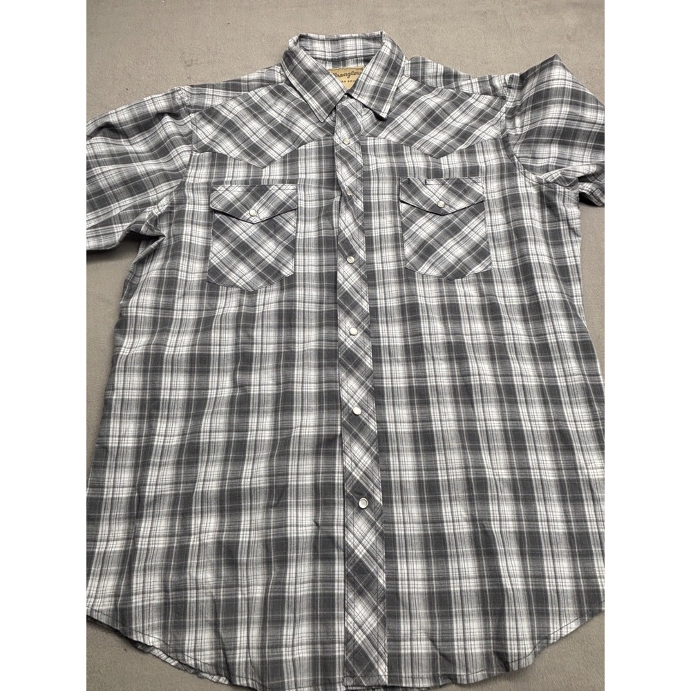 Wrangler Mens Grey Plaid Short Sleeve Western Pearl Snap Shirt Large
